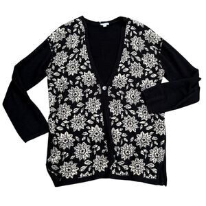 J. Jill Black Floral Cardigan Sweater Size M Cotton Blend